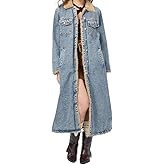 chouyatou Women's Winter Sherpa Lined Midi Long Denim Jacket Casual Distressed Button Down Jean Trench Coat
