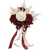 LEIFENY Wedding Bouquets for Bride, Champagne White & Burgundy Bridal Bridesmaid Wedding Flowers, Artificial Toss Rose for Civil Ceremony (Hollow Lace Ribbon Handle)