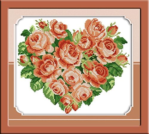 Dimensions Needle Crafts Counted Cross Stich Hand Made 14CT Rose heart Flowers (H014(1) orange)
