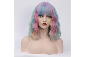 Cying Lin Short Bob Wavy Curly Wig Rainbow Air Bangs Wig For Women Cosplay Halloween Wigs Heat Resistant Bob Party Wig (Rainbow)
