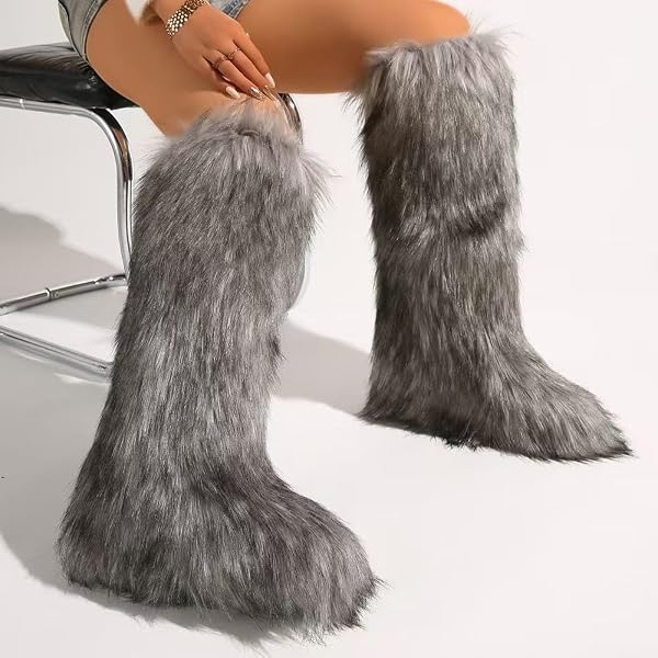 VALPEAK WOMENS FAUX FUR BOOT WINTER FLUFFY LONG FURRY BOOTS FOR GIRLS OUTDOOR FUZZY KNEE-HIGH BOOTS(DARK GREY,12)