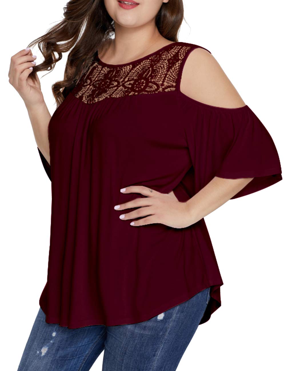DIOLOCA Women\'s Cold Shoulder Tunic Tops Plus Size Wine Red Lace Shirt Casual Pleated Blouses Short Sleeve Wine Red 5X