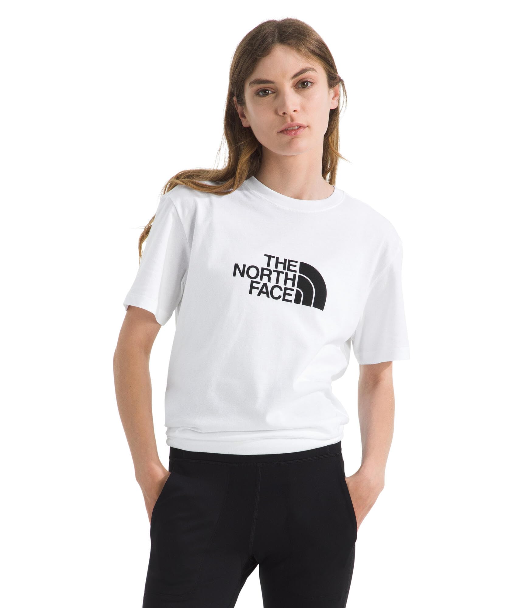 The North Face Women’s Evolution Short Sleeve Half Dome Tee – Classic Logo Graphic Tee, Soft Cotton Fabric, TNF White/TNF Black, Large