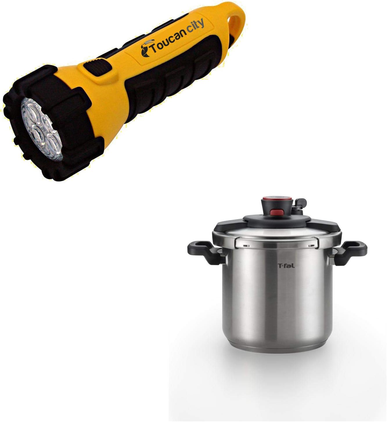 Toucan City LED Flashlight and T-fal 8 qt. Stainless Steel Stove Top Pressure Cooker with Steam Basket P4500936