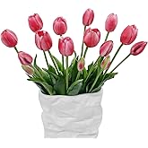 LINSIE 15 Pcs Deep Pink Artificial Flowers Tulips Latex Plastic Soft Faux Bouquets for Party, Wedding, Home, Room, Garden Decor