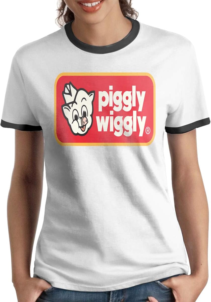 KarenJones Piggly Wiggly Womens Crew Neck Short Sleeve Blouse Ringer T