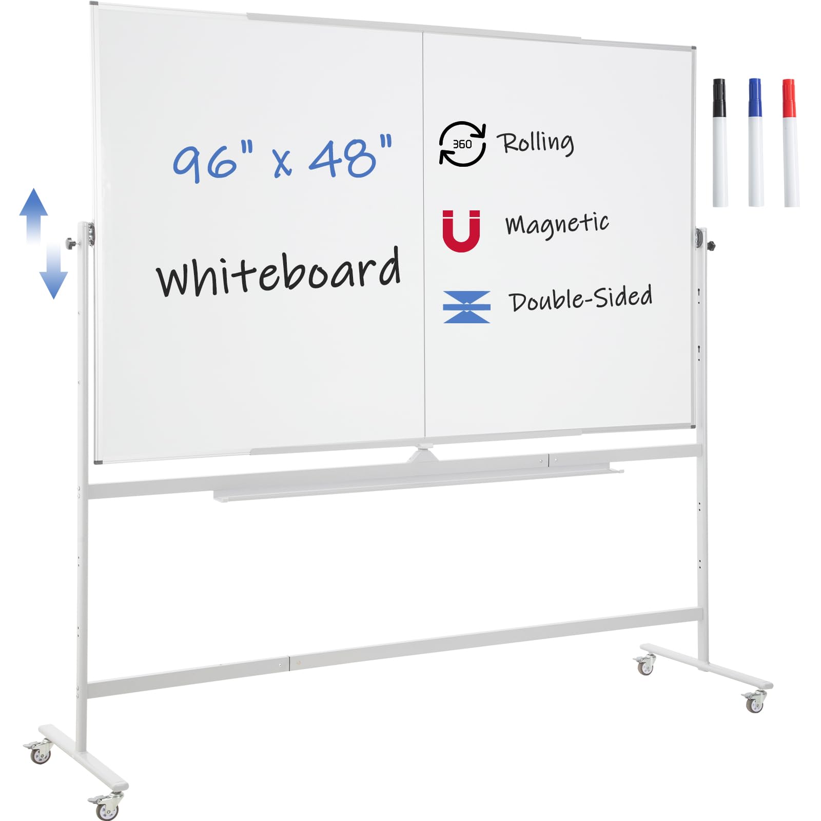 Photo 1 of FORTUNO Large Magnetic Mobile Whiteboard 96"x48", Rolling Double Sided Stand Whiteboard on Wheels, Reversible Adjustable Height/Angle Dry Erase Board 8' x 4' Easel White Board for Office Classroom