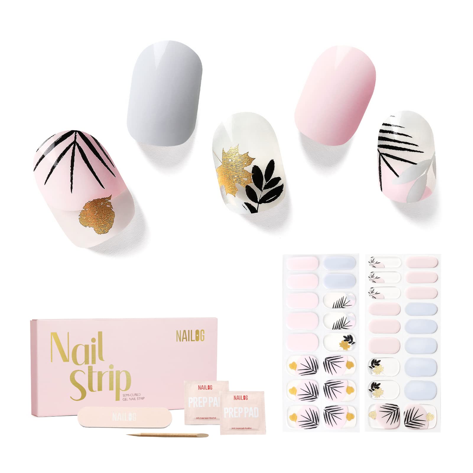 NAILOG Semi Cured Gel Nail Strips, 34 pcs Salon-Quality Gel Nail Stickers, Long Lasting Nail Wraps for Women with Soft Gel Finish, The Oriental — image 1