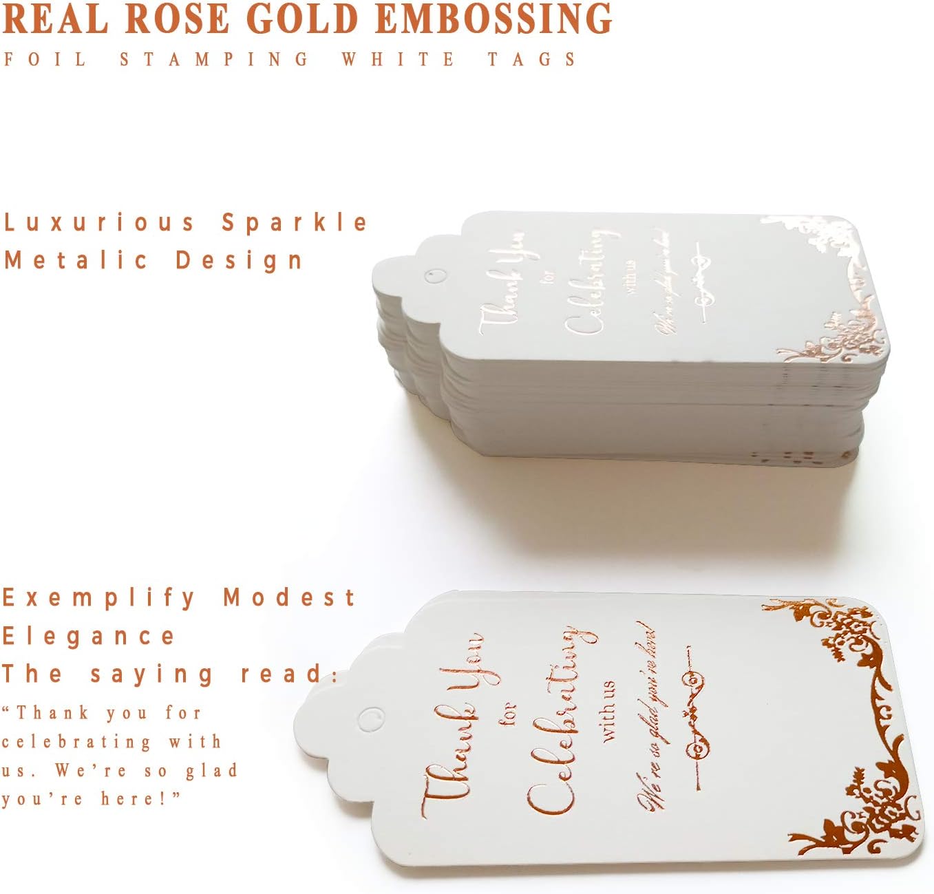 100 Wedding Favor Tags (Free Extra Long 328ft Twine), Rose Gold Foil Preprinted on White Tags with Writing Thank You for Celebrating with Us, We’re so Glad You’re Here : Office Products
