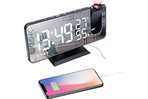 Petilleur Projection Alarm Clock for Bedroom Ceiling Digital Clock Radio with USB Charger Ports 180° Rotatable Projector, 12/24H,Snooze,Dual Loud Alarm Clock (Black)