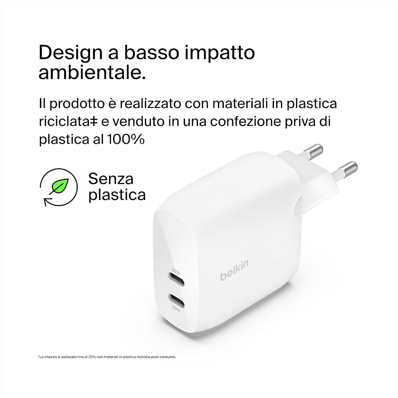 BoostCharge Doppio caricabatteria con PPS da 60 W per iPhone 16, 15, 14, iPad, Samsung Galaxy e Google Pixel, caricatore compatibile con cavi da USB-C a Lightning