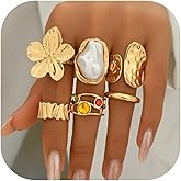 HUASAI Chunky Gold Rings for Women Christmas Gold Flower Chunky Rings Pearl Stackable Statement Butterfly Thumb Retro Ring Set Trendy Christmas Jewelry Gifts