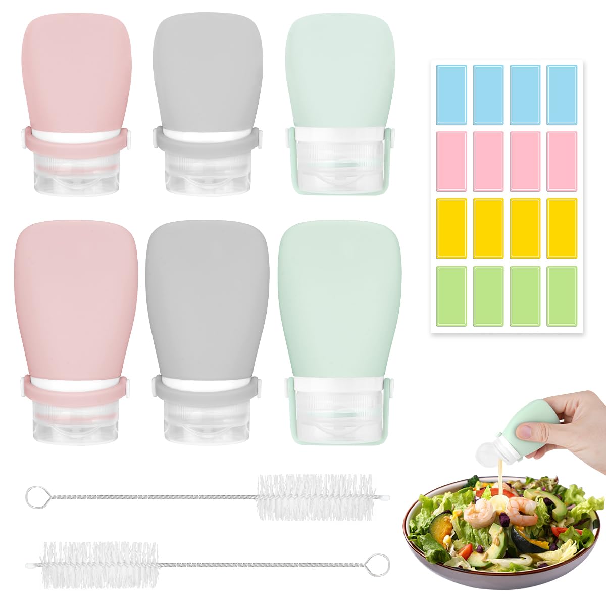 Photo 1 of DIBALIYI 6 Pcs Leak-proof Squeeze Salad Dressing Container, Portable Sauce Condiment Bottles with 2 Pcs Cleaning Brush, Mini Silicone Food Storage Bottle for Travel Barbecues School Lunch Work