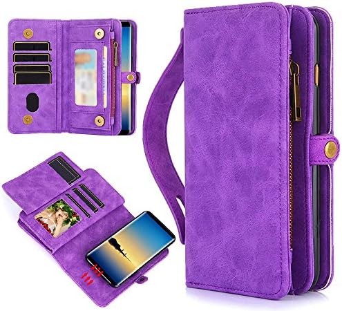CXCase Galaxy Note 8 Case Wallet Multi Card Holder [ID Slot][Card Slots][Zipper][Hand Grip] Folio PU Leather Cover With Detachable Magnetic Hard Case For Samsung Galaxy Note 8 (2017 Release) - Purple