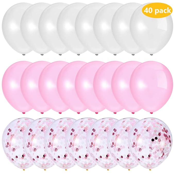 Pink White Balloons and Rose Confetti Balloons 40 pack, 12 Inches Latex Party