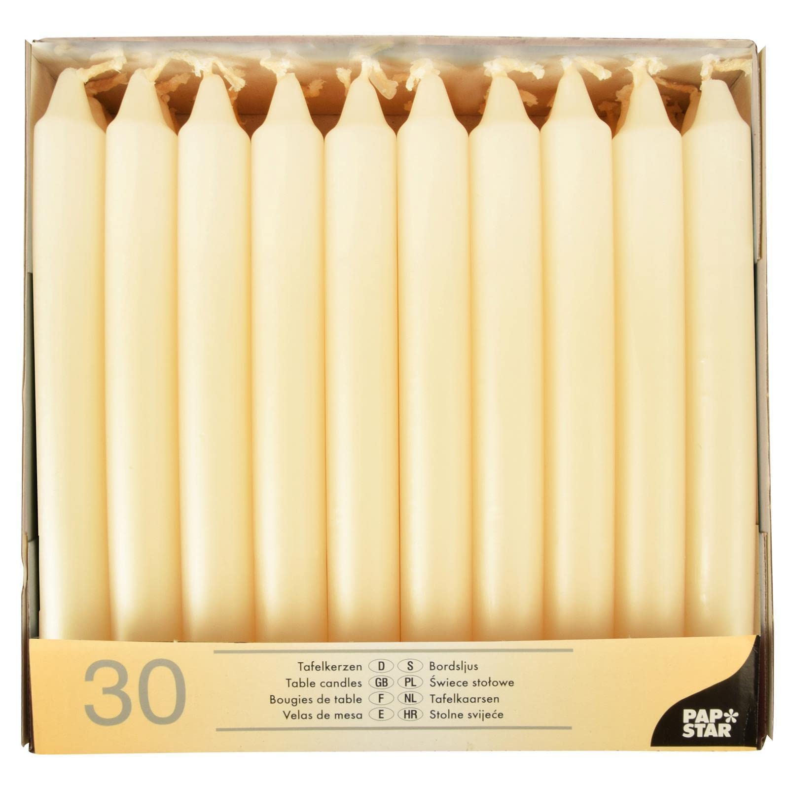 Papstar 13706, 30 table candles, diameter 2,1 centimeter, length 19,6 centimeter, cream, Burn time about 7 hours