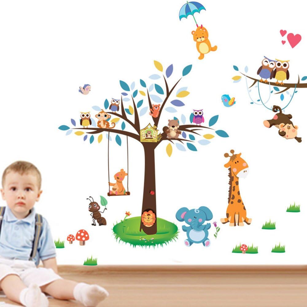 Boodecal Carnival Series Jungle Adventure Animals Paradise Owls Koala Squirrel on the Tree Swing Wall Decals Hanging Monkey Giraffes Elephant Removable Wall Stickers for Kids Bedroom 5031 Inches