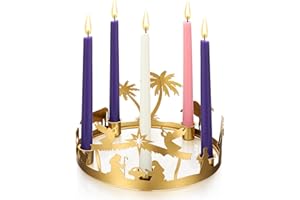 Potchen Christmas Advent Candle Holder 5 Candlestick Holders for Tapper Candles Xmas Metal Advent Wreath Ring Candle Holder Christmas Nativity Home Decorations Season Rustic Scene Decor(Gold)