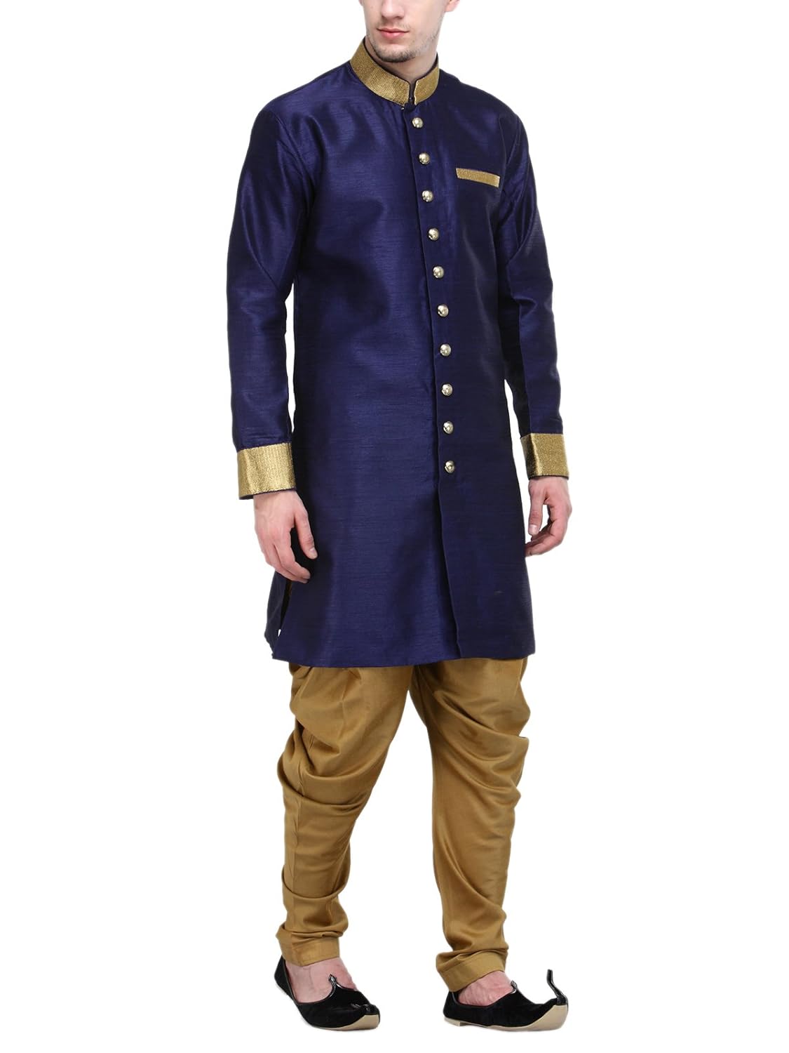 rg designers navy and gold plain sherwani for men