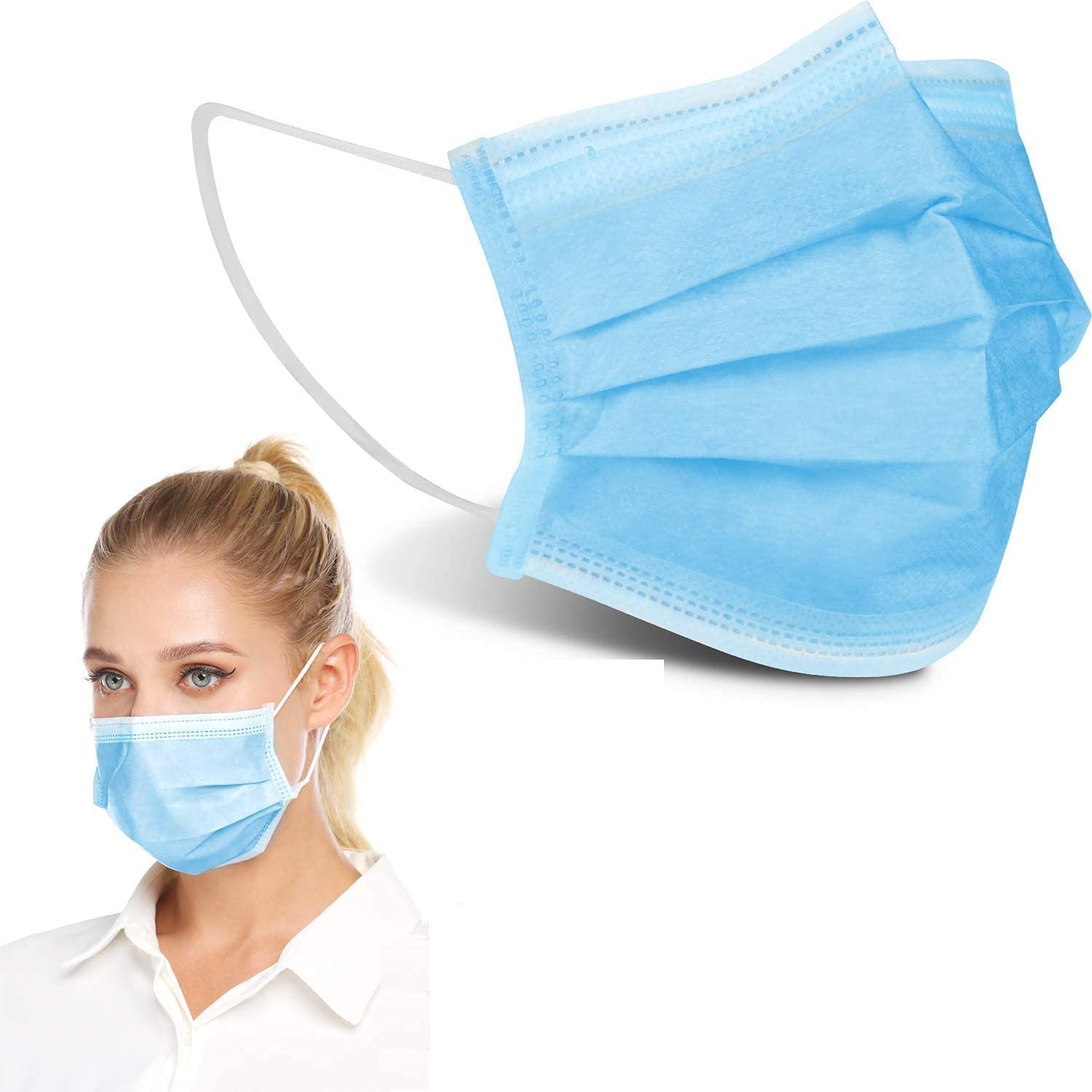 50pk- Disposable 3-Layer Face Masks, High Filterability, Sutaible For Sensitive Skin(BLUE)