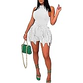 Jianono Women Casual Fringe Two Piece Outfits Tassel Short Pants Set Sleeveless Tank Tops Bodysuit Party Clubwears