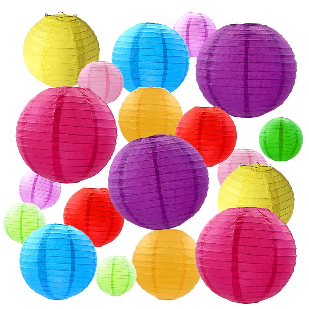 FOVERN1 20 Pieces Colorful Paper Lanterns,Round Lantern Balloon Hanging Decorations,Lanterns for Home Decor, Parties, and Weddings, Size of 4”, 6”, 8”, 10”