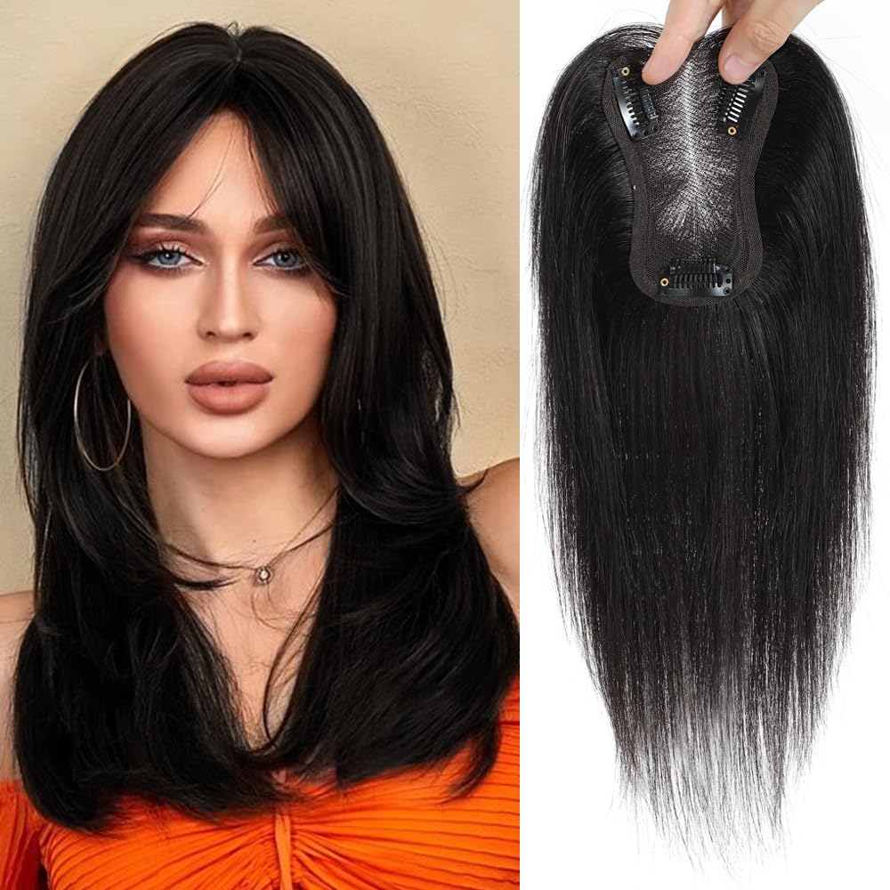 SEA SINGING Real Human Hair Toppers for Women with Thinning Hair - Remy Toppers Hair Pieces - 100% Human Hair Clip Ons - Natural Black (10inch, HL-1B) — image 1