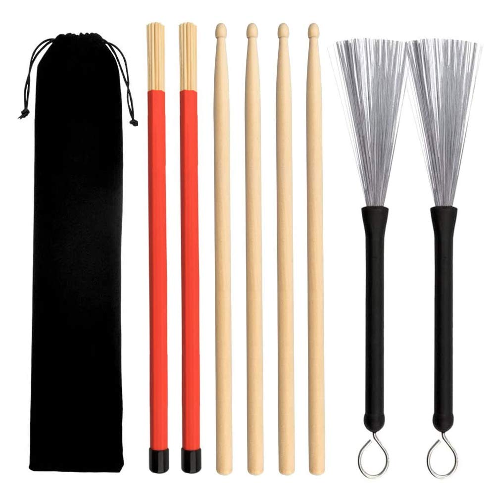 Gobesty Drum Sticks Set, 2 Pairs 5A Maple Wood Drum Sticks, 1 Pair Drum Wire Brushes 1 Pair Drum Rod Brushes Sticks Retractable Drum Stick Brush with Storage Bag for Rock Band, Jazz Folk