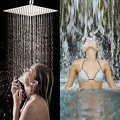 Alta Presión Montaje Fijo de Cabeza de Ducha de lluvia-16 Pulgadas/40cm Gran Cuadrada 304 de Acero Inoxidable Ducha de Spray - 1/2'' Conector, Rotación de 360 Grados-con Boquilla de Silicona- Ultra Fino Ahorro de Agua Regaderas Fijas para Baño Gigante Piso Individual-RabbitStorm