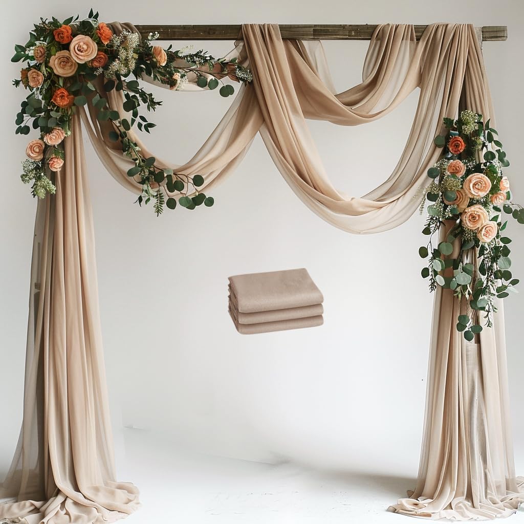 Photo 1 of Xiomot Wedding Arch Draping Fabric 3 Panels 28.7" x 20FT Nude Sheer Chiffon Backdrop Drapes for Wedding Ceremony Birthday Party Bridal Shower Outdoor Decoration