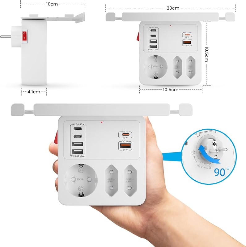 Plugue pd20w com interruptor, plugues ladron usb c com carregamento rápido pd3.0 20w e qc3.0 18w, réguas de energia de parede com régua de energia de prateleira 3 soquetes 6 carregador adaptador de plugue múltiplo usb, branco