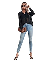 Floerns Women's Button Front Long Sleeve Mesh Shirt