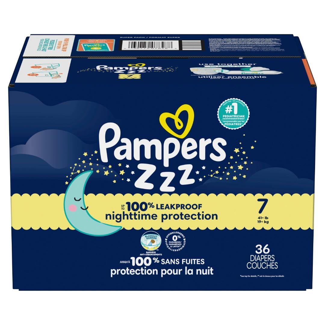 Pampers ZZZ Overnight Diapers, Size 7 (41+ lbs), 36 Count, Nighttime Protection Disposable Baby Diaper, Night Time Leak and Skin Protection