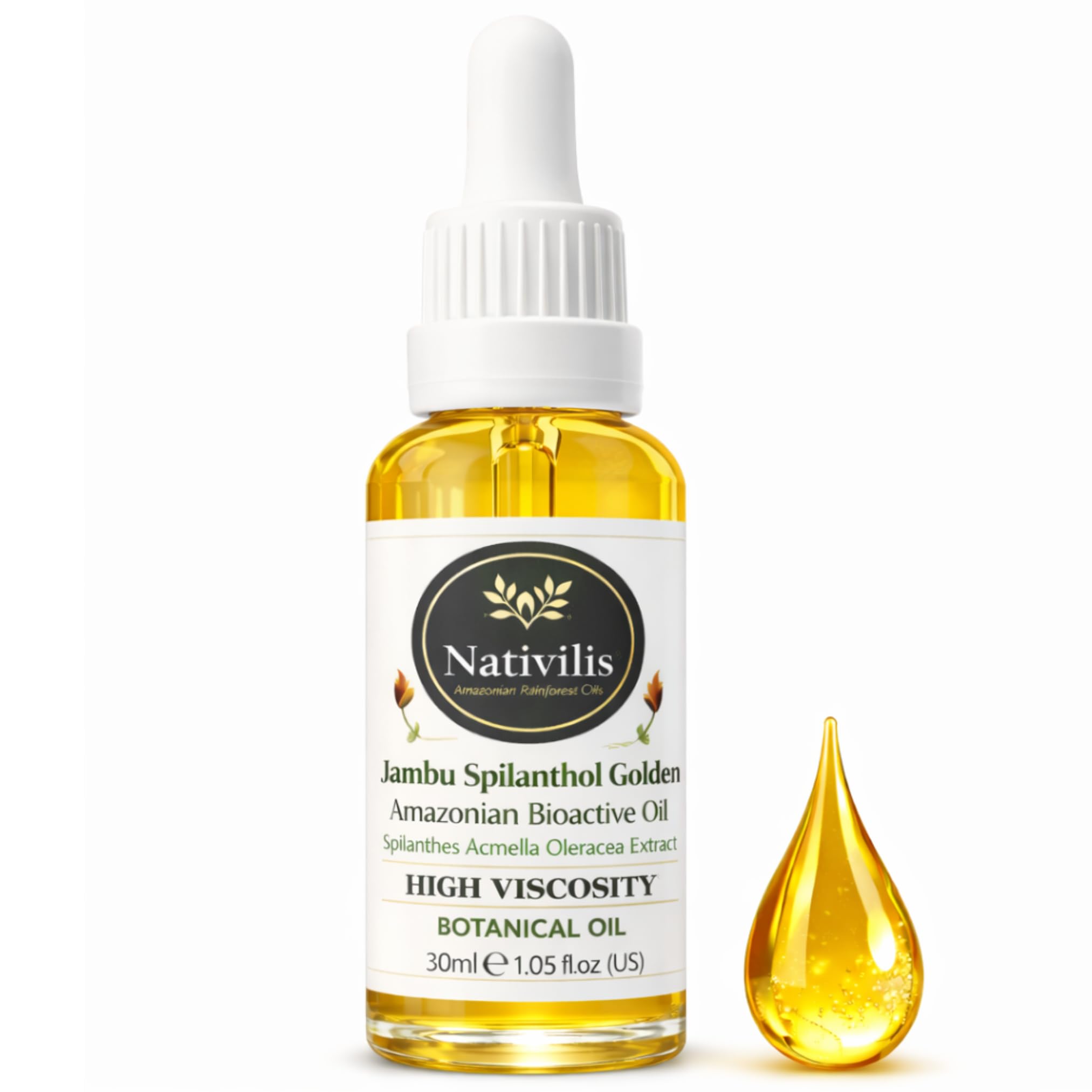 Nativilis Jambu Spilanthol Golden Amazonian Bioactive Oil - Spilanthes Acmella Oleracea Extract - High Viscosity - Better Skin Penetration 100% Natural B-tox Alternative - Copaiba 30 ml