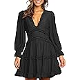 Dokotoo Womens 2025 Summer Spring Deep V Neck Ruffle Long Sleeve Open Back Flowy Mini Dress