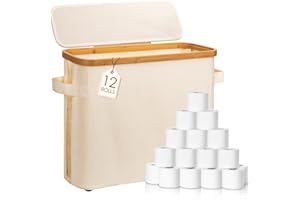 Aimoptg Toilet Paper Storage, Bamboo Toilet Paper Storage Basket with Lid and Handle, Free Standing Toilet Paper Organizer for Bathroom, Large Toilet Paper Holder Basket Holds Up to 12 Rolls