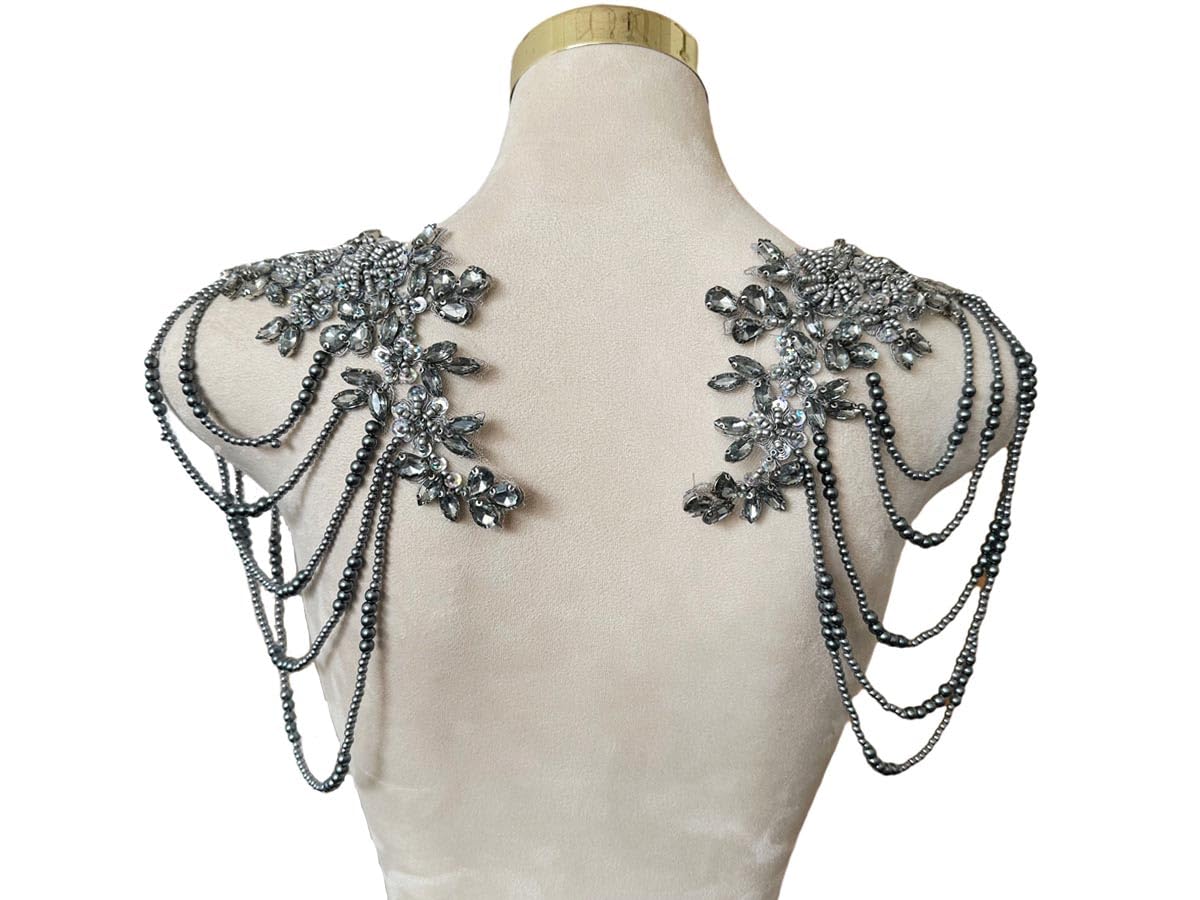 Photo 1 of 1 Pair Beaded Rhinestones Applique Embellishment for Clothes Epaulettes Shoulder Patches Sew-on Diamond Sequin Tassels Applique for Wedding Dress DIY Accessories 9.8X10.2inches (Gray)