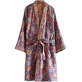 Cotton Double Gauze Traditional Hanfu Midi-length Nightdress Printing Tie-belt Bathrobe Loose Pajamas Comfortable Nightgown Sweat Steaming Yukata Sauna Suit Sleepwear Kimono for Women Large(Purple)