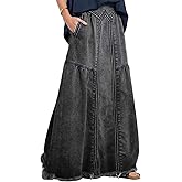 ebossy Women's Casual Elastic Waist Frayed Hem A-Line Distressed Hippie Long Maxi Denim Skirt