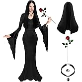 Black Costume Dress for Women 5Pcs Adult Witch Gothic Dress Spooky Family Retro Party Dresses Wig Halloween Cosplay