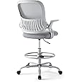 Sweetcrispy Tall Drafting Desk Chair - Ergonomic High Stool Computer with Adjustable Height and Comfy Lumbar Support, Office Rolling Counter with Flip-up Arm and Footrest, Grey