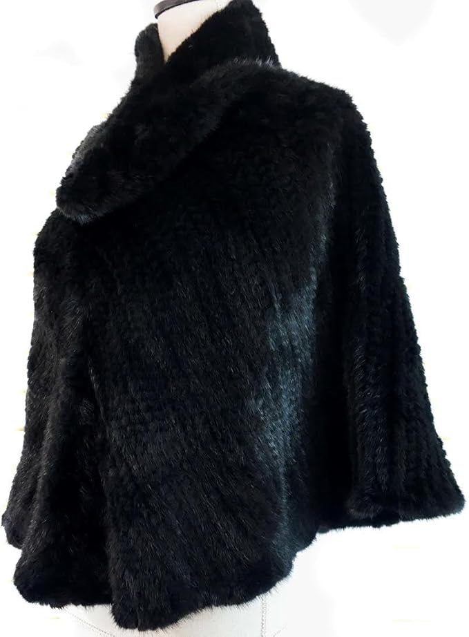 Surell Black Mink Fur Poncho Real Fur Cape Wrap Warm Autumn Winter
