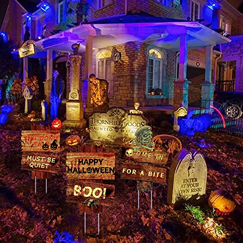 Flagicon Halloween Decorations Outdoor Yard Signs, 3pcs Beware Warning Yard Signs Scary Decor Lawn Signs with Stakes Theme Party Supplies for Outside Garden, Lawn Yard Party Decorations