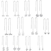 XHBTS 12 Pairs Threader Earrings Set for Women-Long Chain Earrings Smiley Crown Snowflake Love Drop Dangle Chain Tassel Earrings Minimalist Chain Earrings Set with Mini Cloth