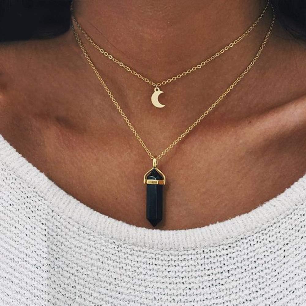 DoubnineBoho Layered Necklace with Black Quartz Crystal Crescent Pendant Jewelry Retro Accessories for Women