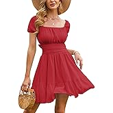 EXLURA Women's 2026 Summer Short Puff Sleeve Casual Short Mini Dresses Tie Back Square Neck A-Line Sundress