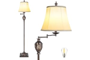 AIDENOEY Traditional LED Floor Lamp with 350° Adjustable Swing Arm Lamp – Vintage Standing Pole lamp for Living Room, Bedroom and Office – Rustic Upright Floor Light for Home Décor with Faux Silk Fabric Shade