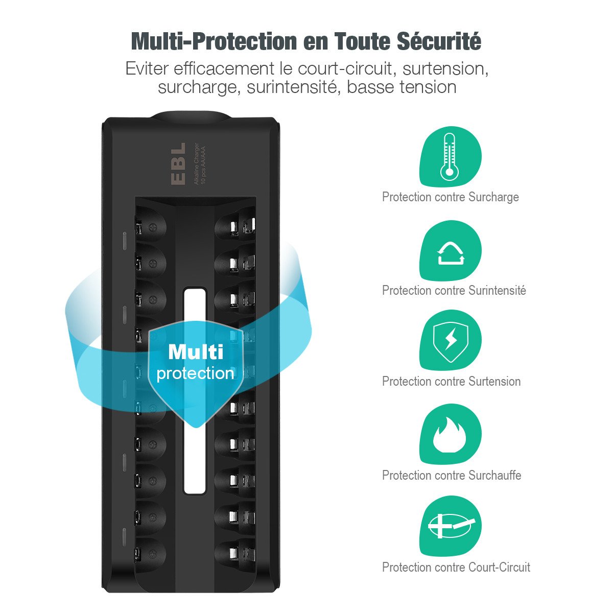 EBL Chargeur de Piles Alicalines AA/AAA Charge de Courant faible avec 10 Slots Indépendant