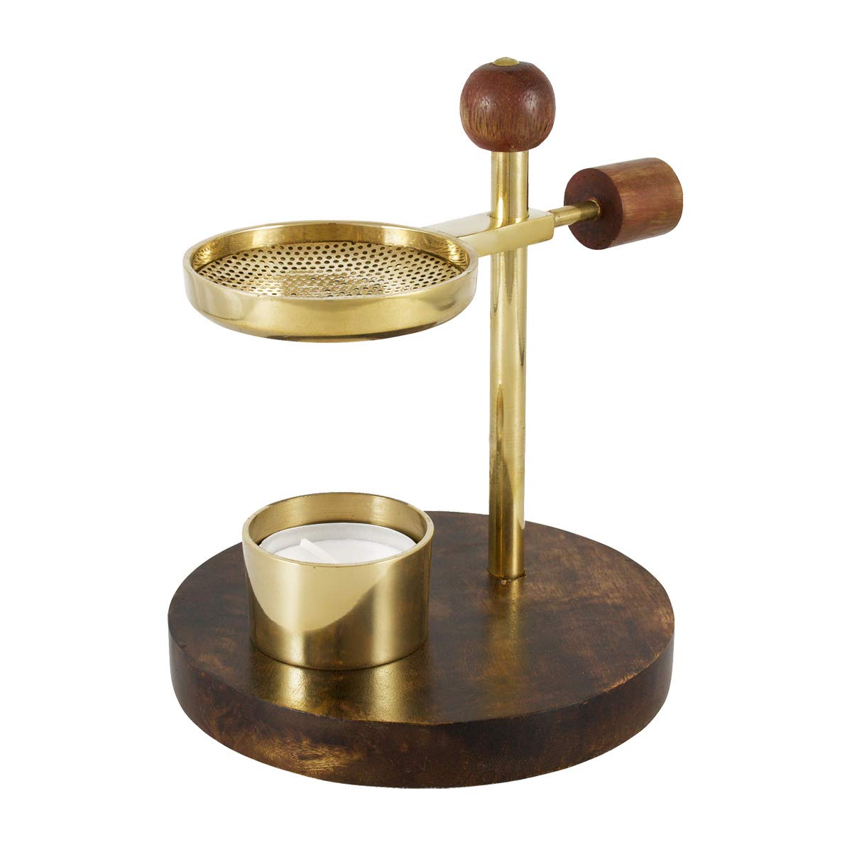 NKLaus Incense Stove Brass Wooden Bottom Wooden Handle Tea Light Height Adjustable 2233