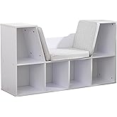 KidKraft Wooden Bookcase with Reading Nook, Storage and Gray Cushion, White
